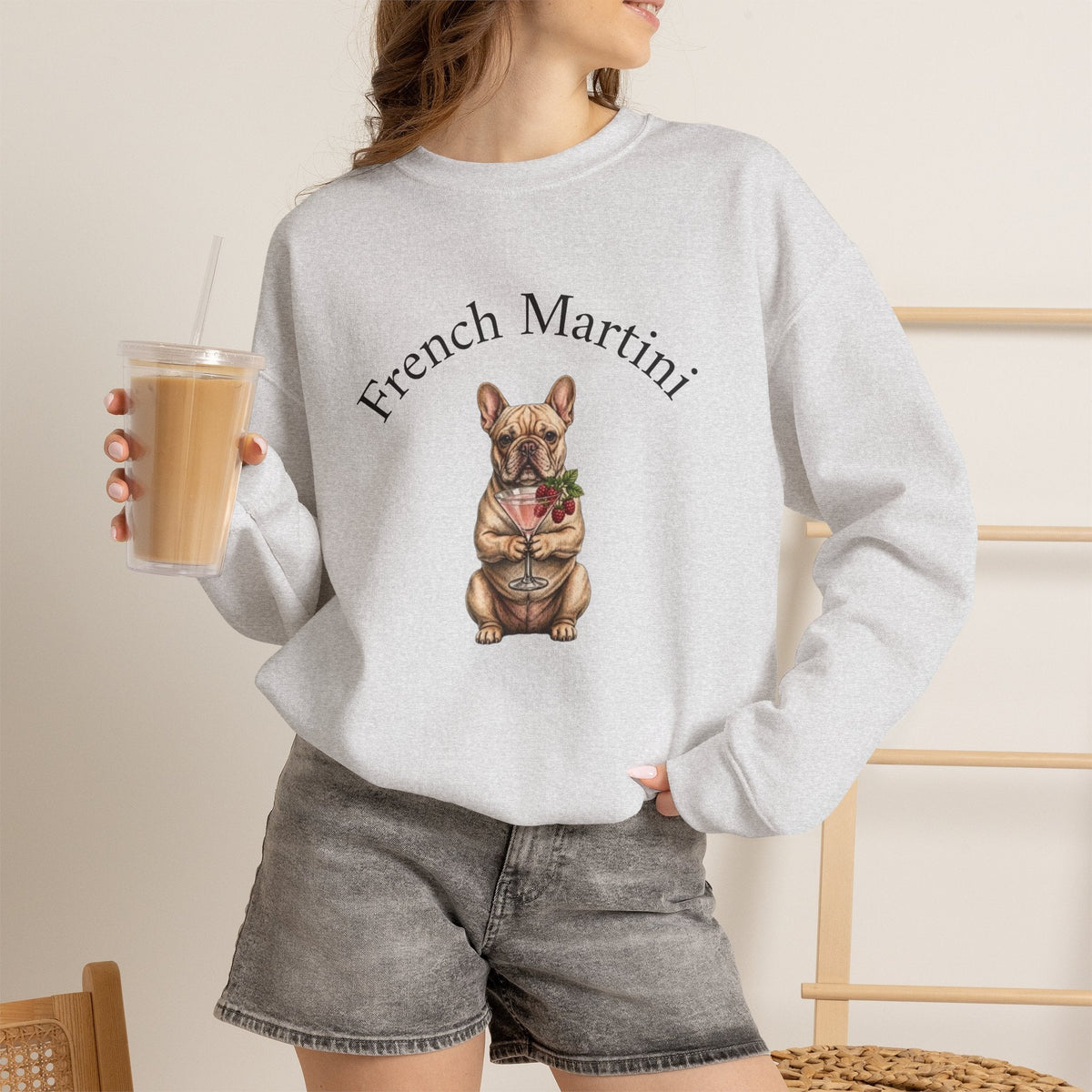 Unisex French Bulldog Martini Sweatshirt by Skylaki with black-and-white design and cozy midweight fabric