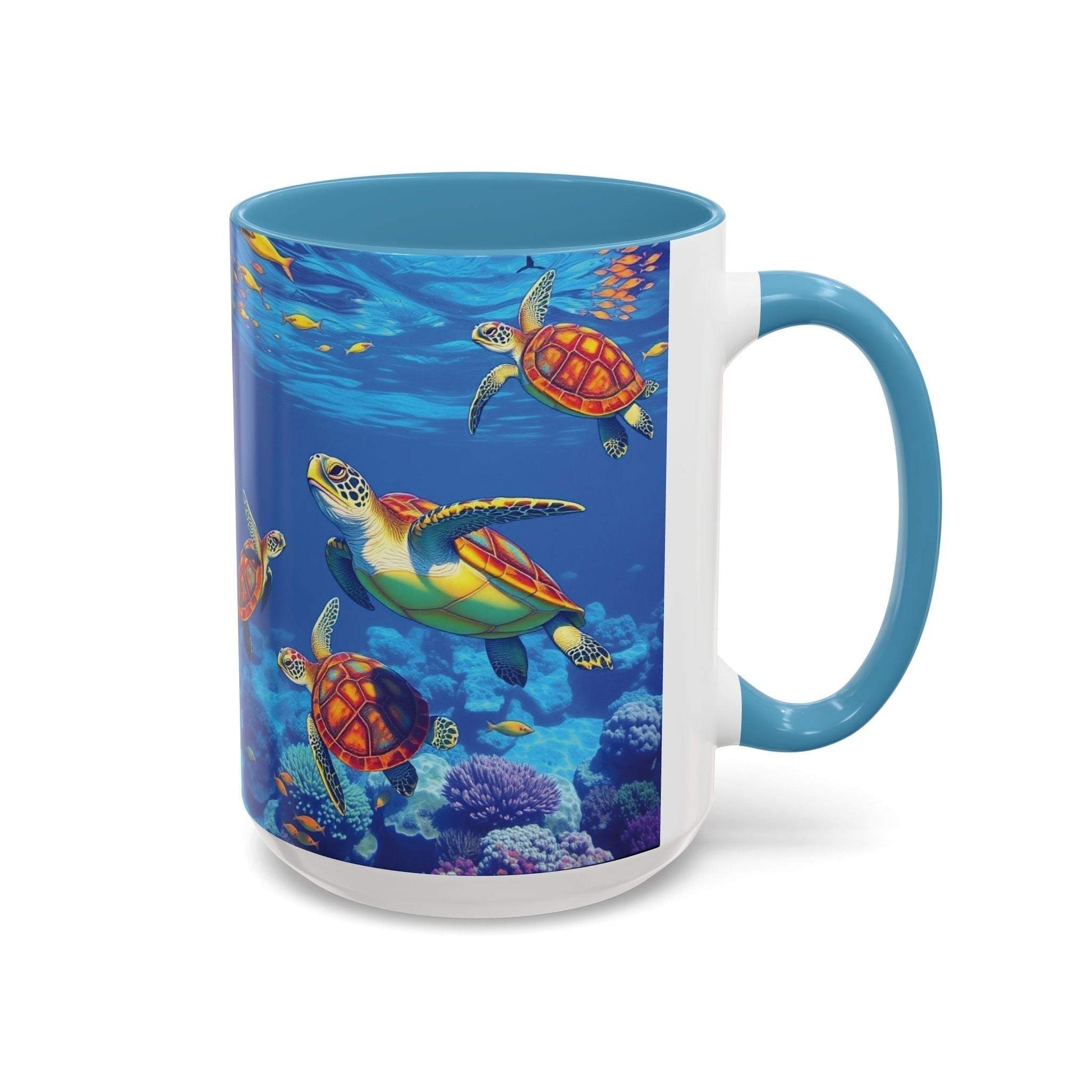 Colorful coffee mug with sea turtle design, ocean decor for nature lovers, vibrant and eye-catching.