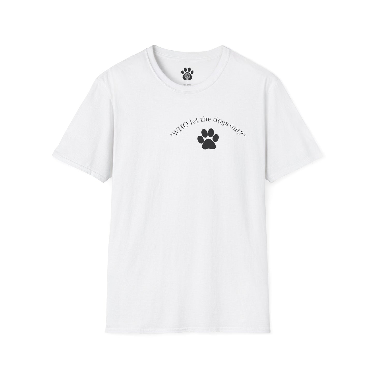 Soft white tee with "Who Let the Dogs Out?" phrase and paw print design over the heart on Skylaki Brand Paw Print Tee
