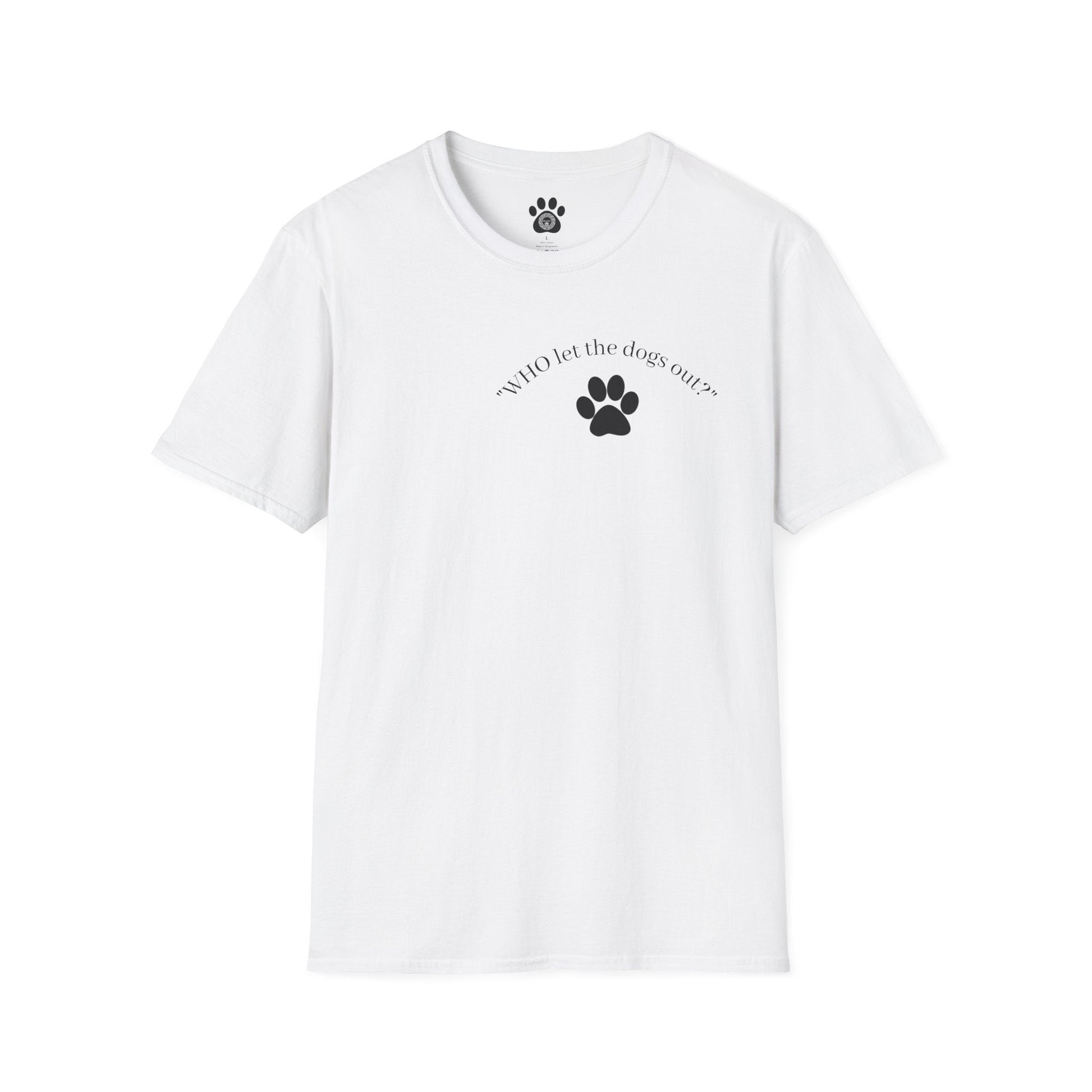 Soft white tee with "Who Let the Dogs Out?" phrase and paw print design over the heart on Skylaki Brand Paw Print Tee