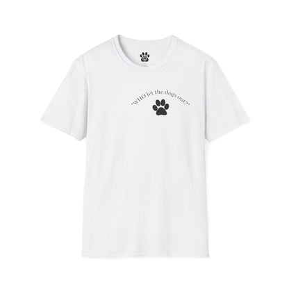 Soft white tee with "Who Let the Dogs Out?" phrase and paw print design over the heart on Skylaki Brand Paw Print Tee