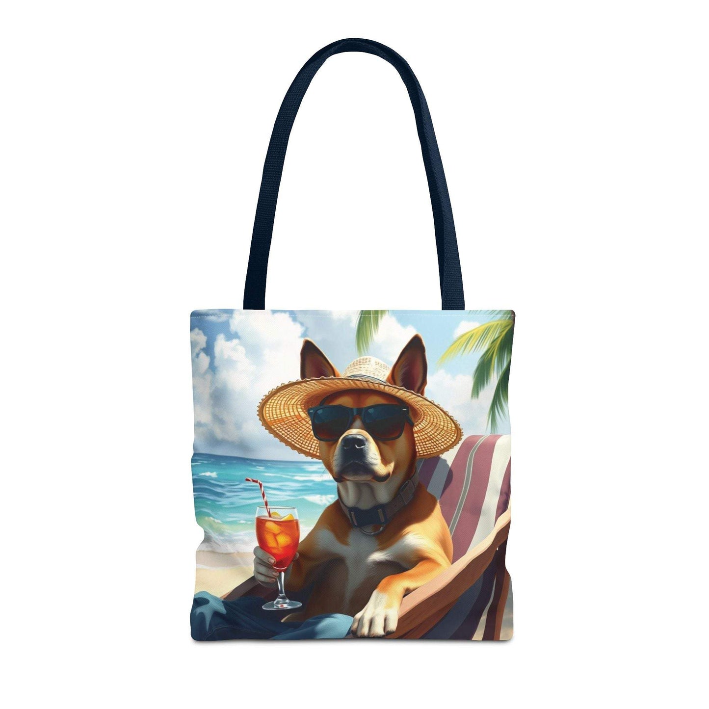 Dog tote bag with relaxing beach style design featuring a dog in sunglasses and hat, perfect for summer outings.