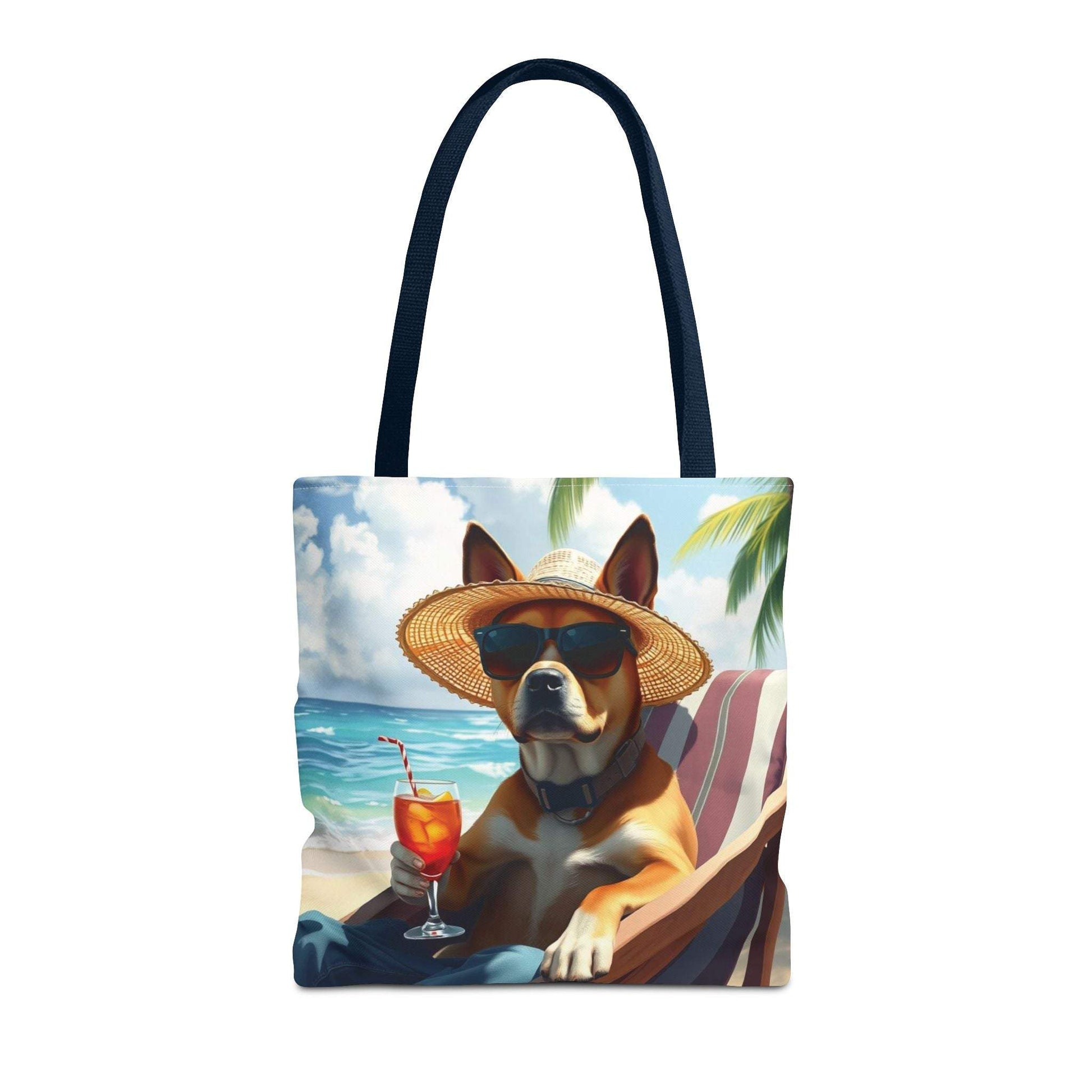 Dog tote bag with relaxing beach style design featuring a dog in sunglasses and hat, perfect for summer outings.