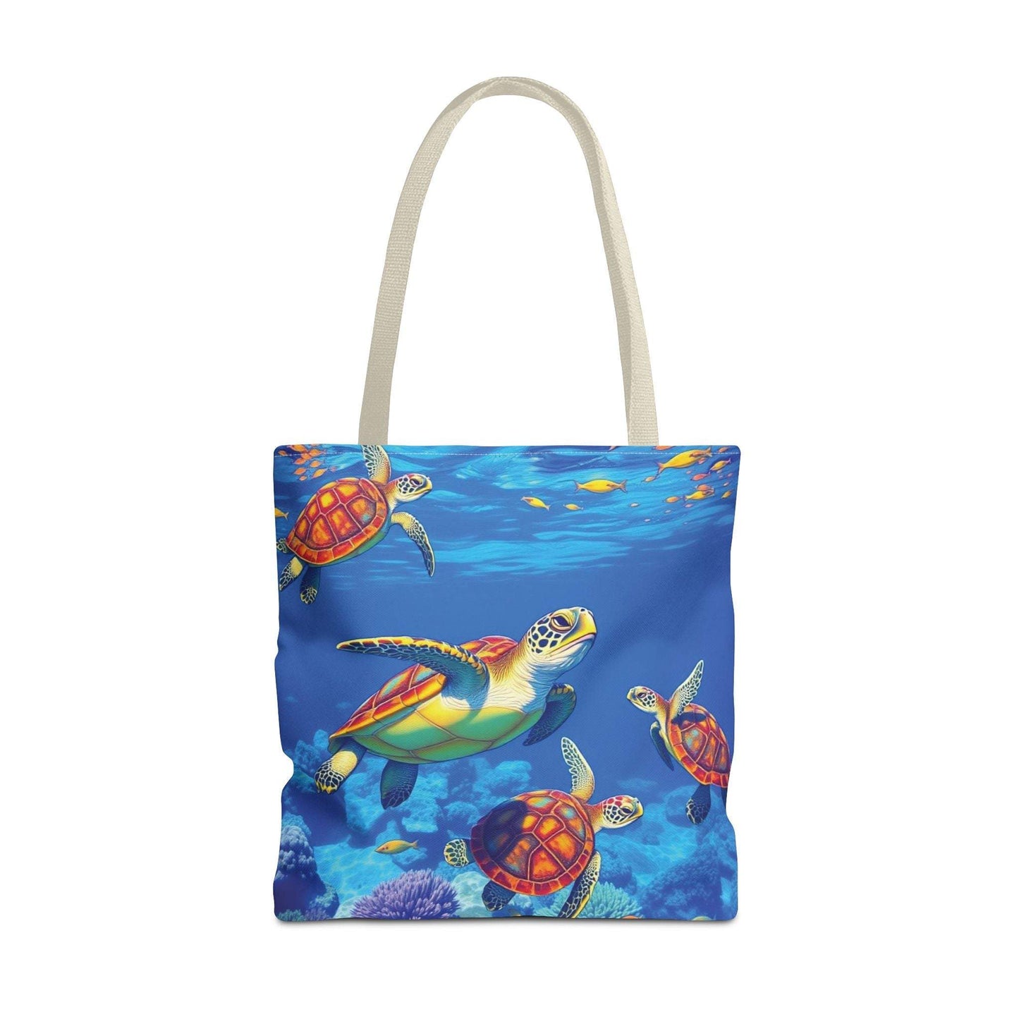 Colorful ocean life tote bag with vibrant turtle design and underwater scenery.