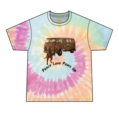 Peace Love Paws Up Tie-Dye Tee carefree vibe to everyday wear.