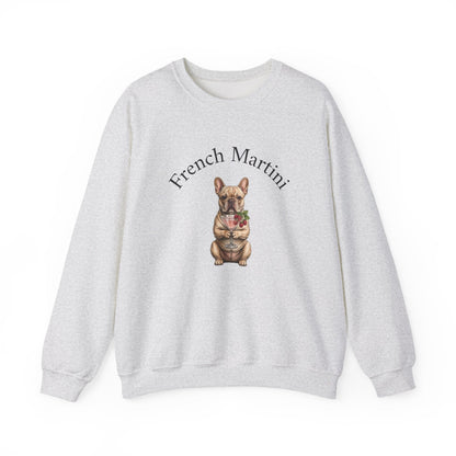 Unisex French Bulldog Martini Sweatshirt by Skylaki with hand-drawn dog holding martini and "French Martini" script