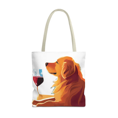 Golden retriever and wine illustration on everyday tote bag for dog and wine lovers.