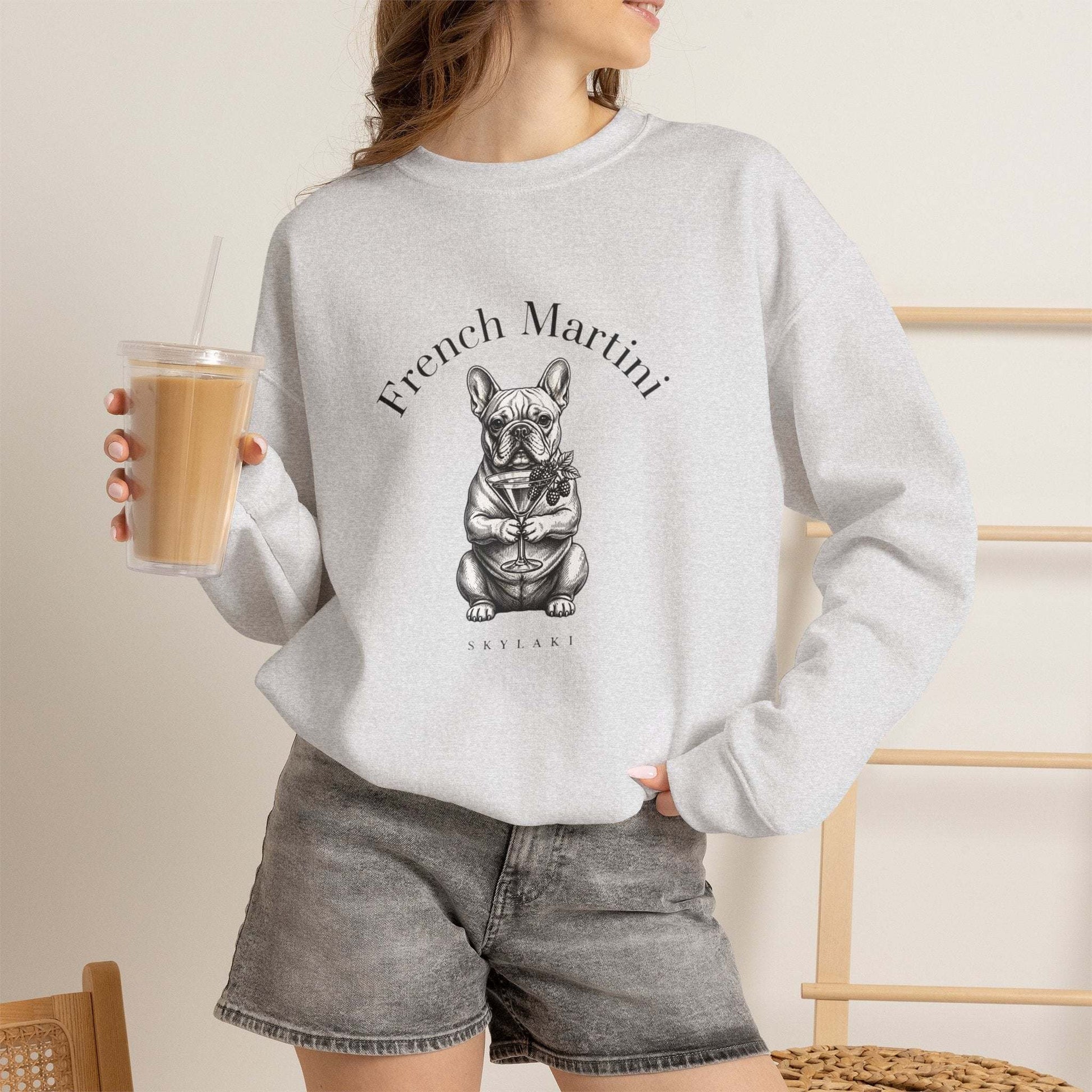 French Bulldog Martini sweatshirt with hand-drawn design and cozy crewneck style