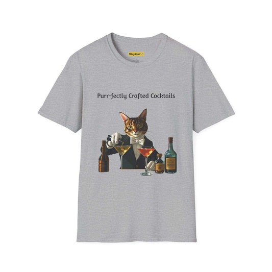 Purr-fectly Crafted Cocktails unisex t-shirt with cat and drink design.