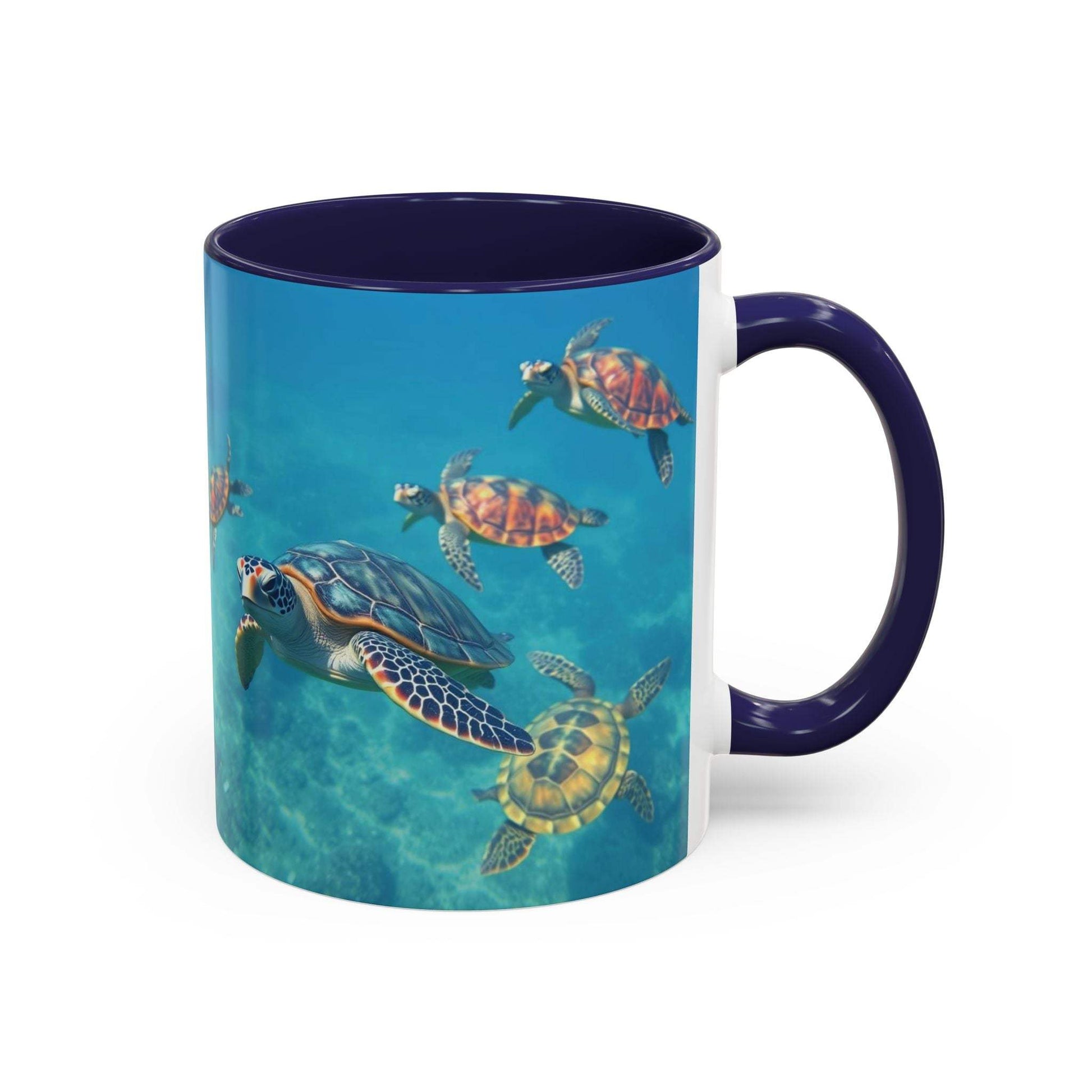 Ocean-inspired turtle accent coffee mug with vibrant design and glossy finish, available in 11oz and 15oz sizes.