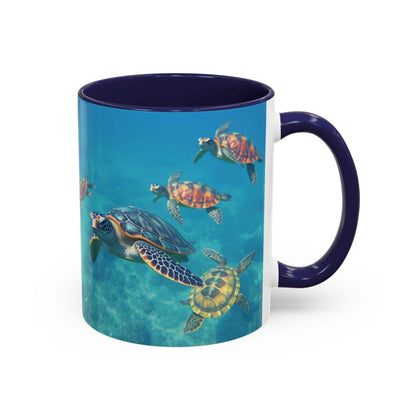 Ocean-inspired turtle accent coffee mug with vibrant design and glossy finish, available in 11oz and 15oz sizes.