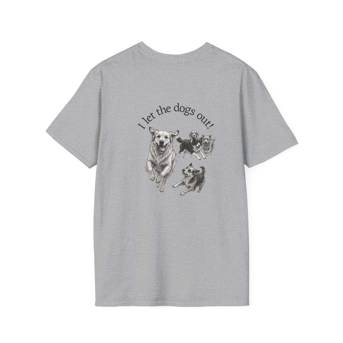Soft white Skylaki brand tee with small paw print and "Who Let the Dogs Out?" text over heart area