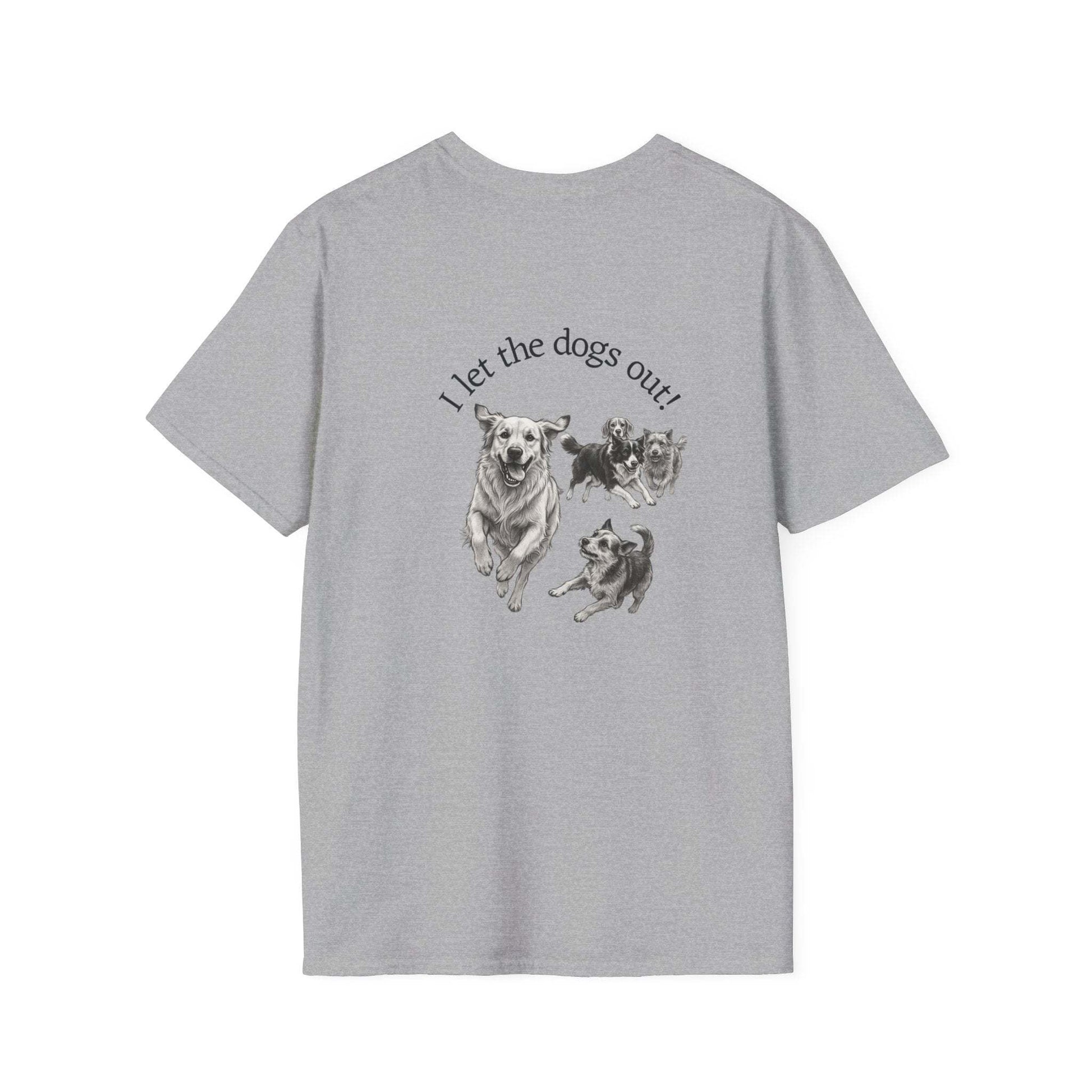 Soft white Skylaki brand tee with small paw print and "Who Let the Dogs Out?" text over heart area
