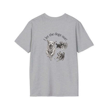 Soft white Skylaki brand tee with small paw print and "Who Let the Dogs Out?" text over heart area