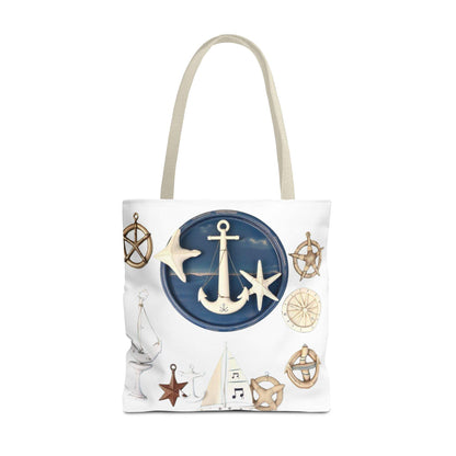 Nautical tote bag with anchor and star motif, durable polyester, ideal for beach and casual outings.