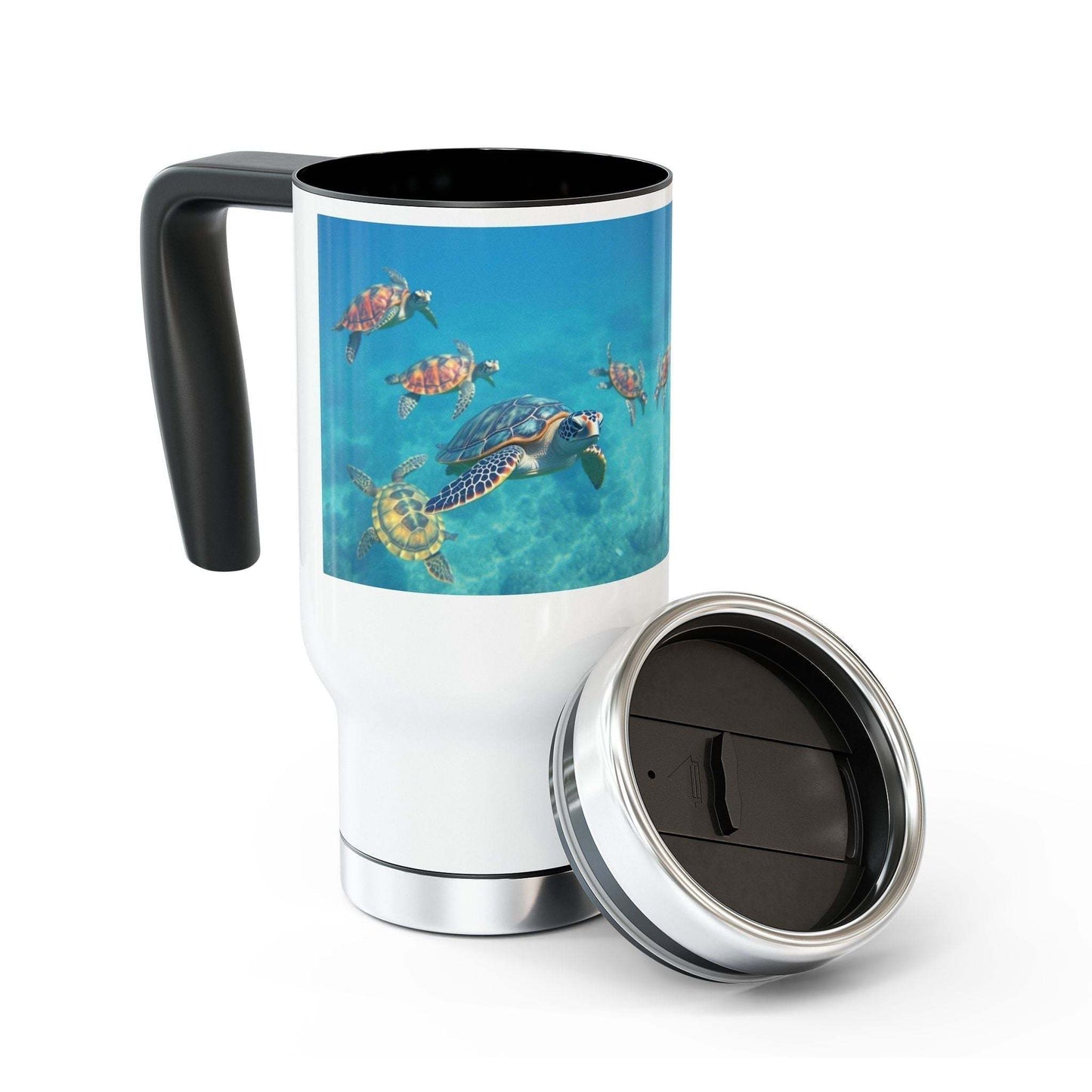 Stainless steel travel mug with handle, 14oz, featuring glossy white enamel finish and spill-resistant cap.