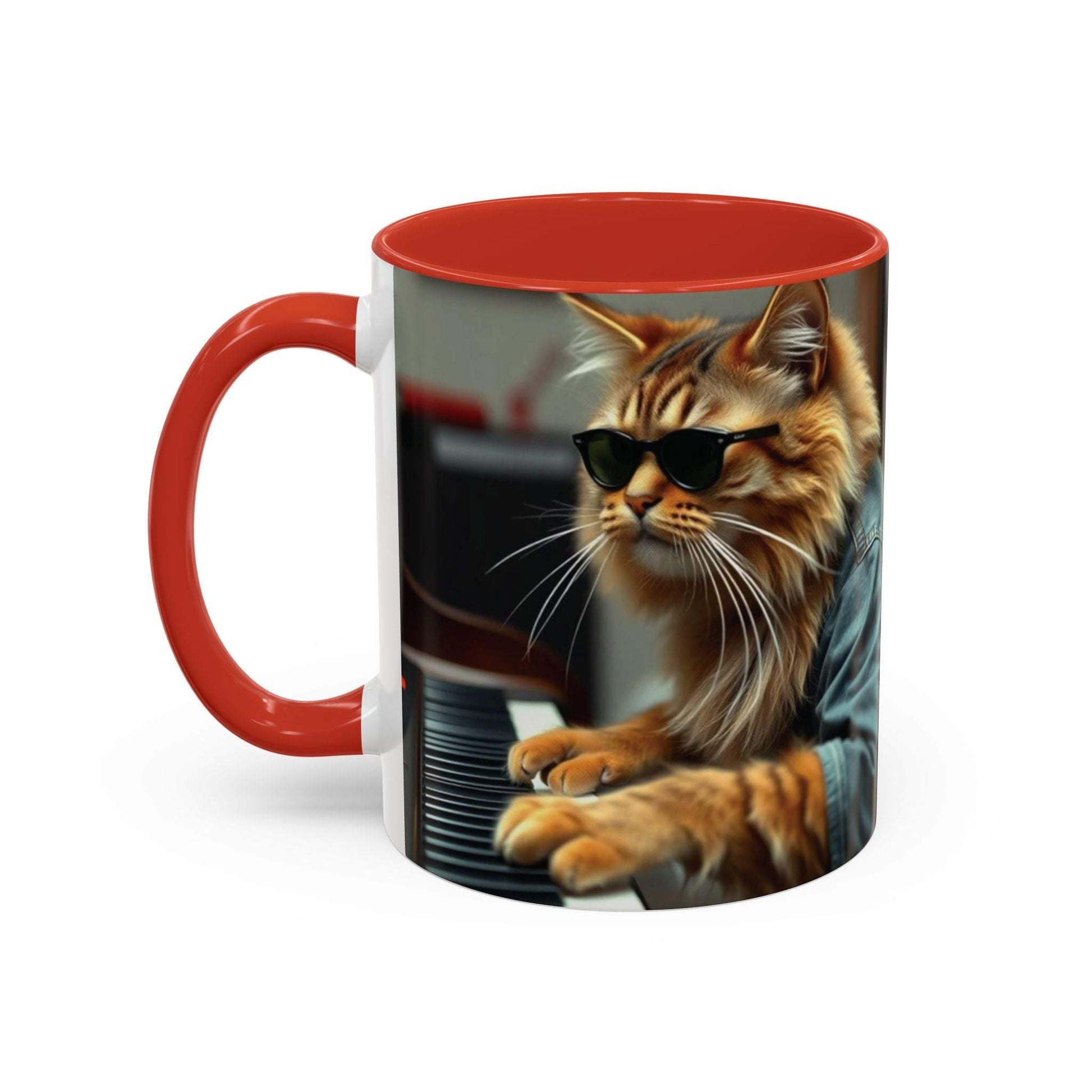 Cool Cat Musician Coffee Mug with red handle and interior, featuring a cat wearing sunglasses playing piano.
