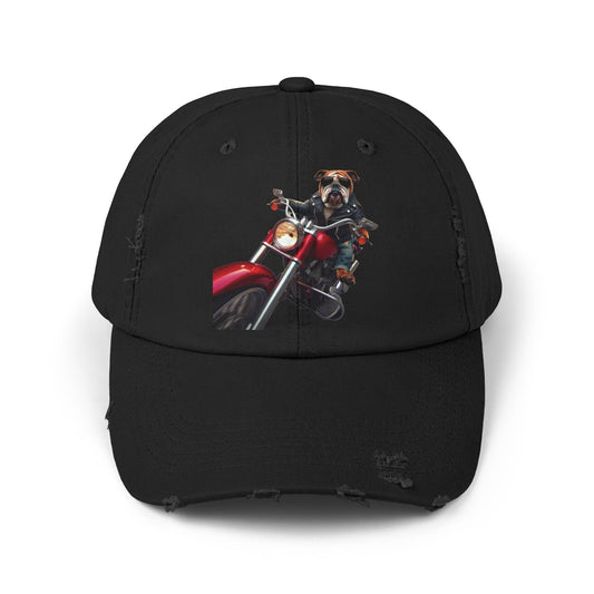 Unisex distressed Baseball cap with a cool dog biker design, perfect for casual outfits and outdoor adventures.