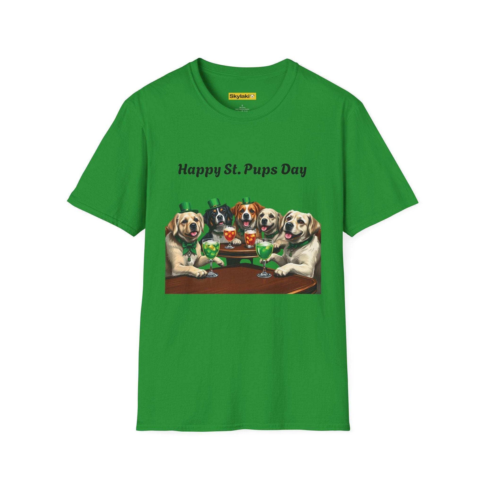 Unisex St Patricks Day T-shirt with fun dog design, green cotton.