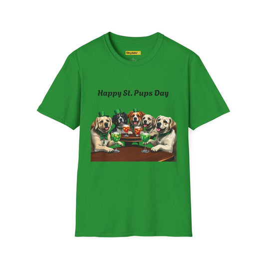 Unisex St Patricks Day T-shirt with fun dog design, green cotton.