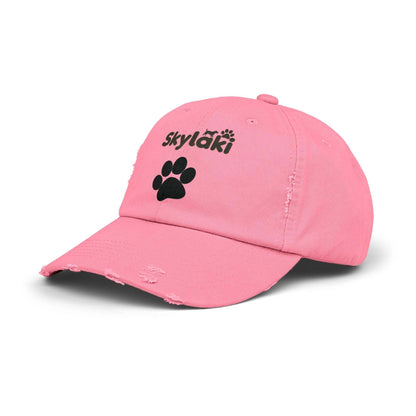 Unisex distressed cap with Skylaki logo in pink, 100% cotton twill.