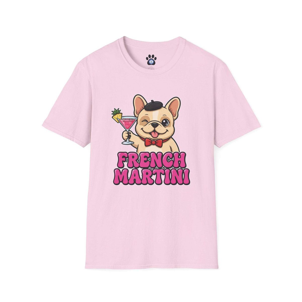 French Martini French Bulldog T-Shirt in pink cotton with a French Bulldog holding a cocktail and bold lettering