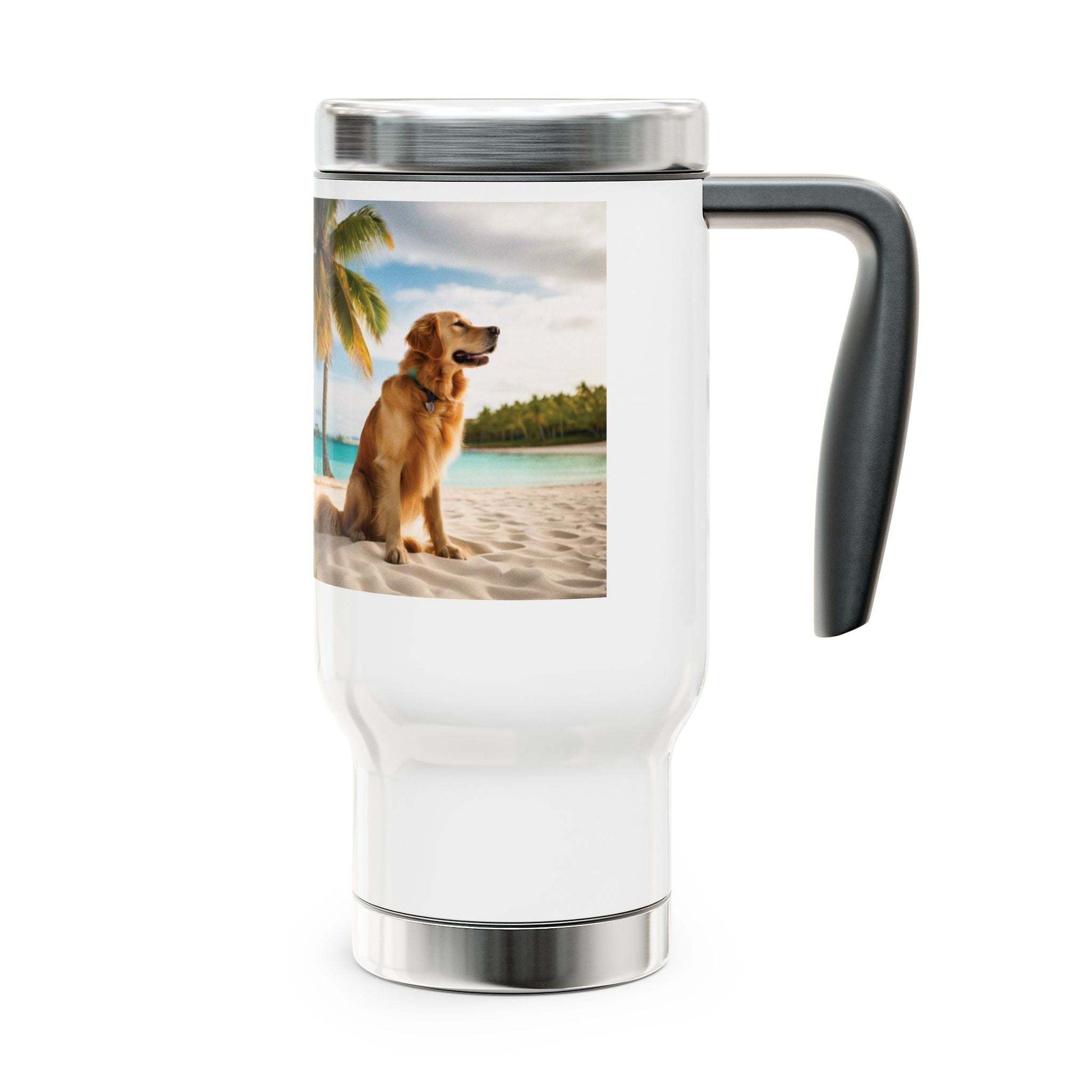 Stainless steel travel mug with handle and dog design, 14oz.