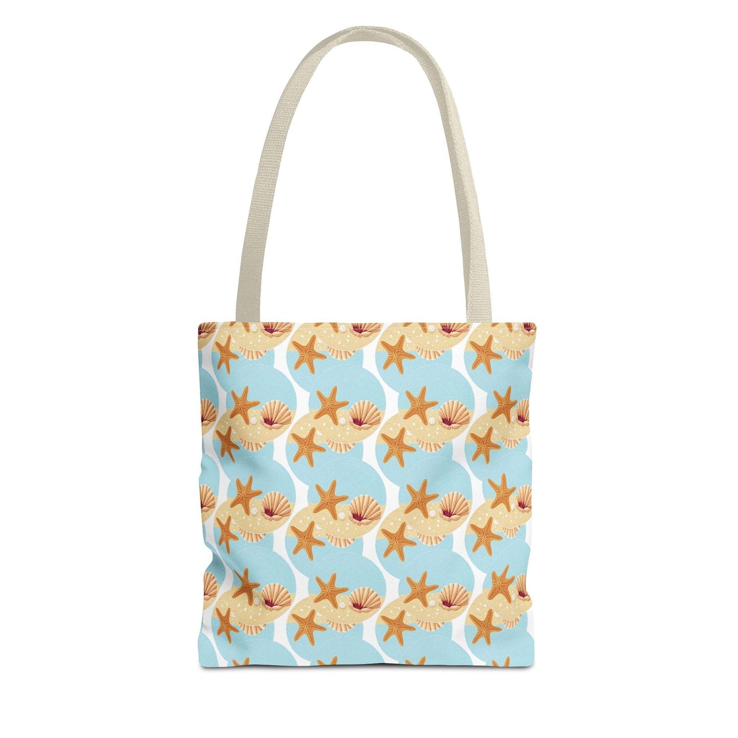 Seashell and starfish patterned beach tote bag with blue background and beige handles.