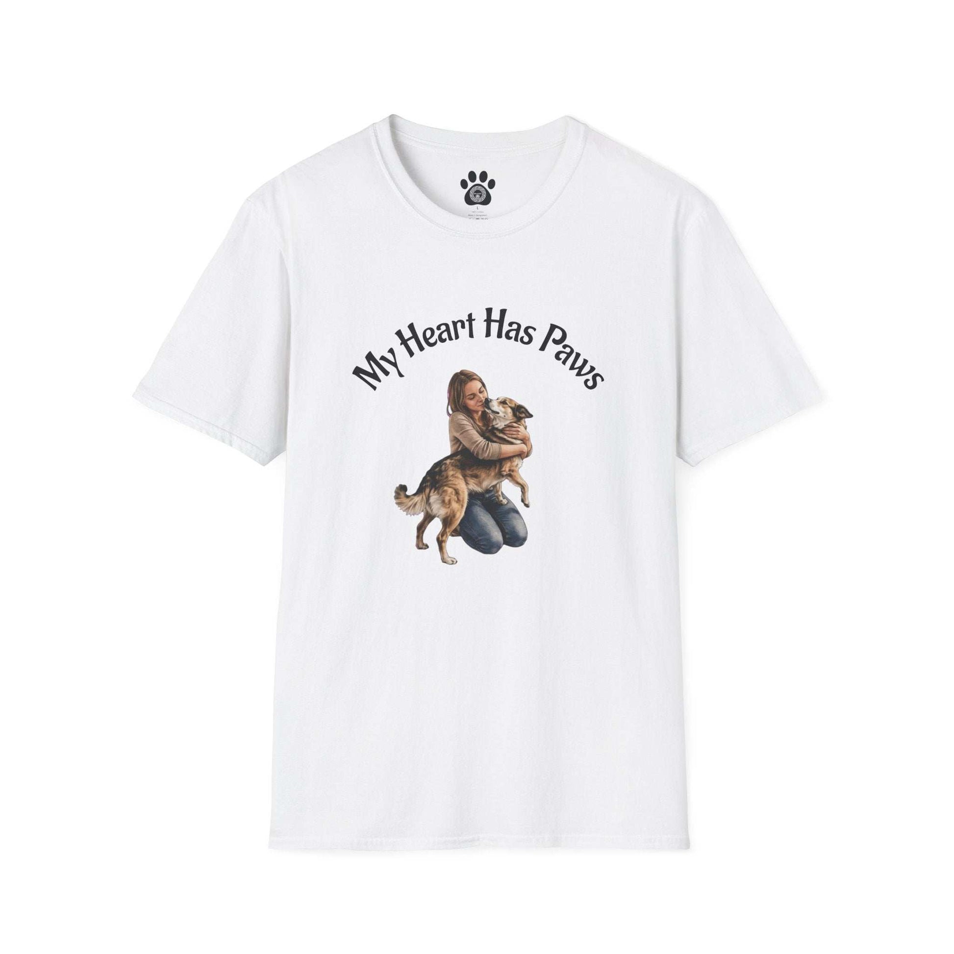 Dog Lover T-Shirt My Heart Has Paws graphic tee with tender dog embrace design on soft lightweight cotton