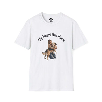 Dog Lover T-Shirt My Heart Has Paws graphic tee with tender dog embrace design on soft lightweight cotton