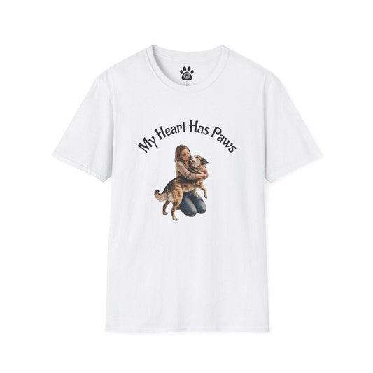 Dog Lover T-Shirt My Heart Has Paws graphic tee with tender dog embrace design on soft lightweight cotton