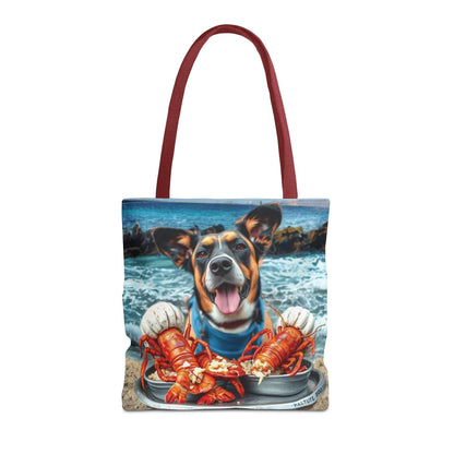 Fun beach tote bag with a playful dog and lobster design, ideal for pet lovers.