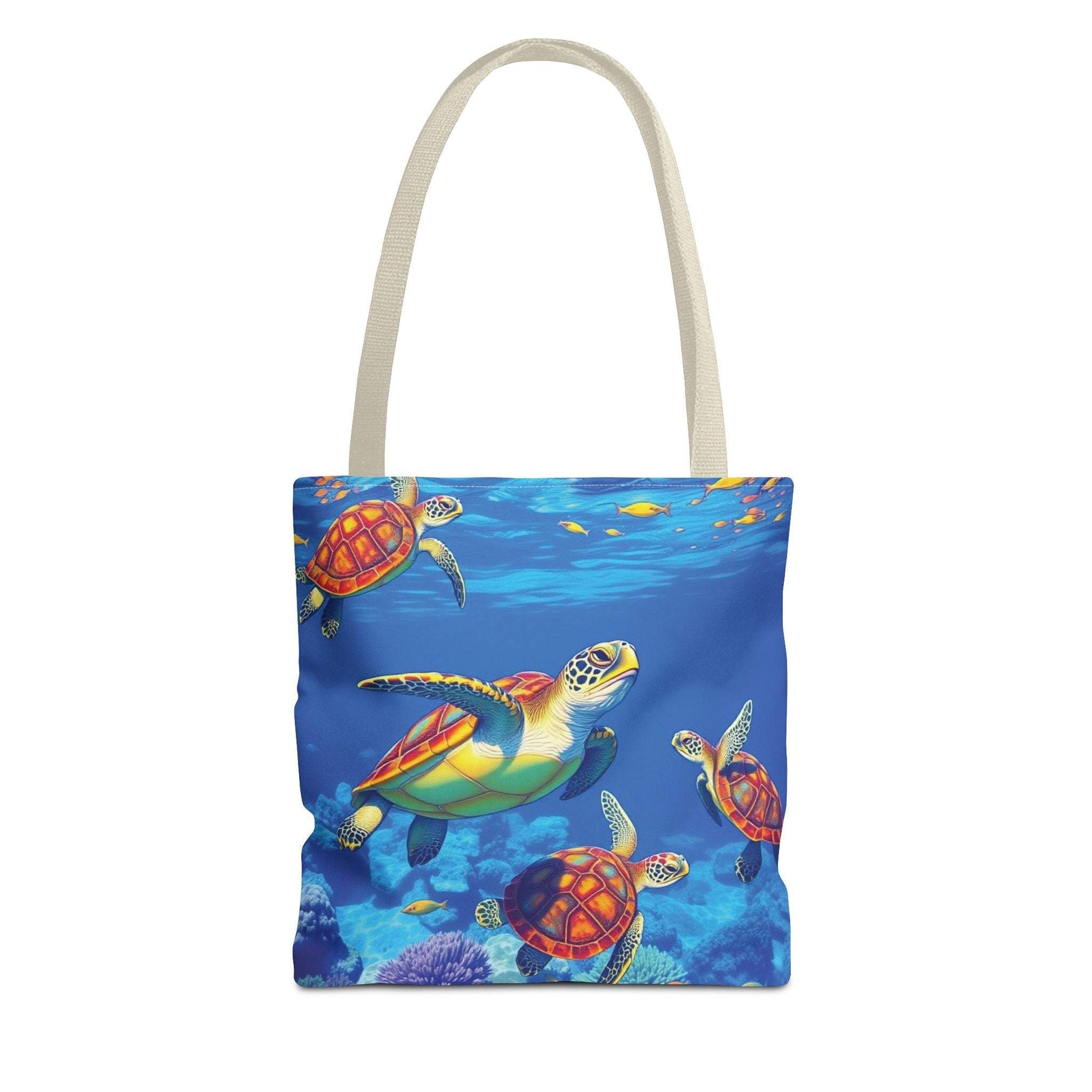 Colorful tote bag featuring an underwater scene with turtles, perfect for ocean lovers.