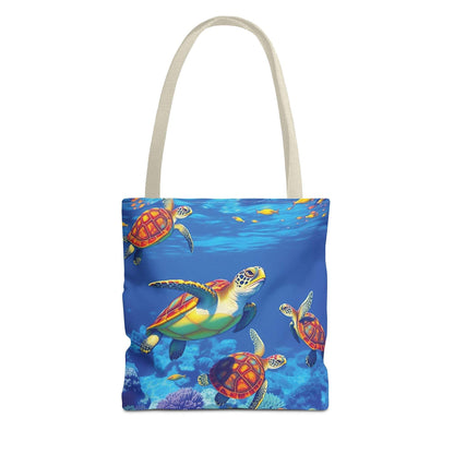 Colorful tote bag featuring an underwater scene with turtles, perfect for ocean lovers.
