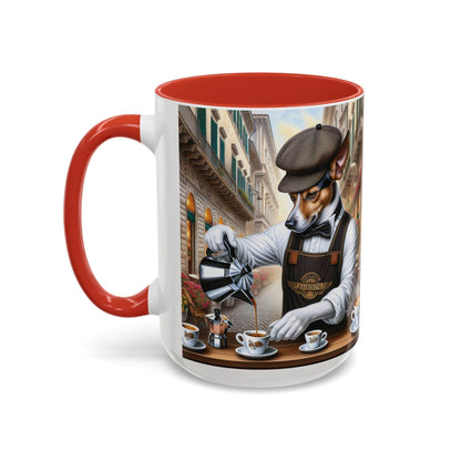 Artistic Dog Barista Coffee Mug with a colorful design featuring a dog barista, available in 11oz and 15oz sizes.