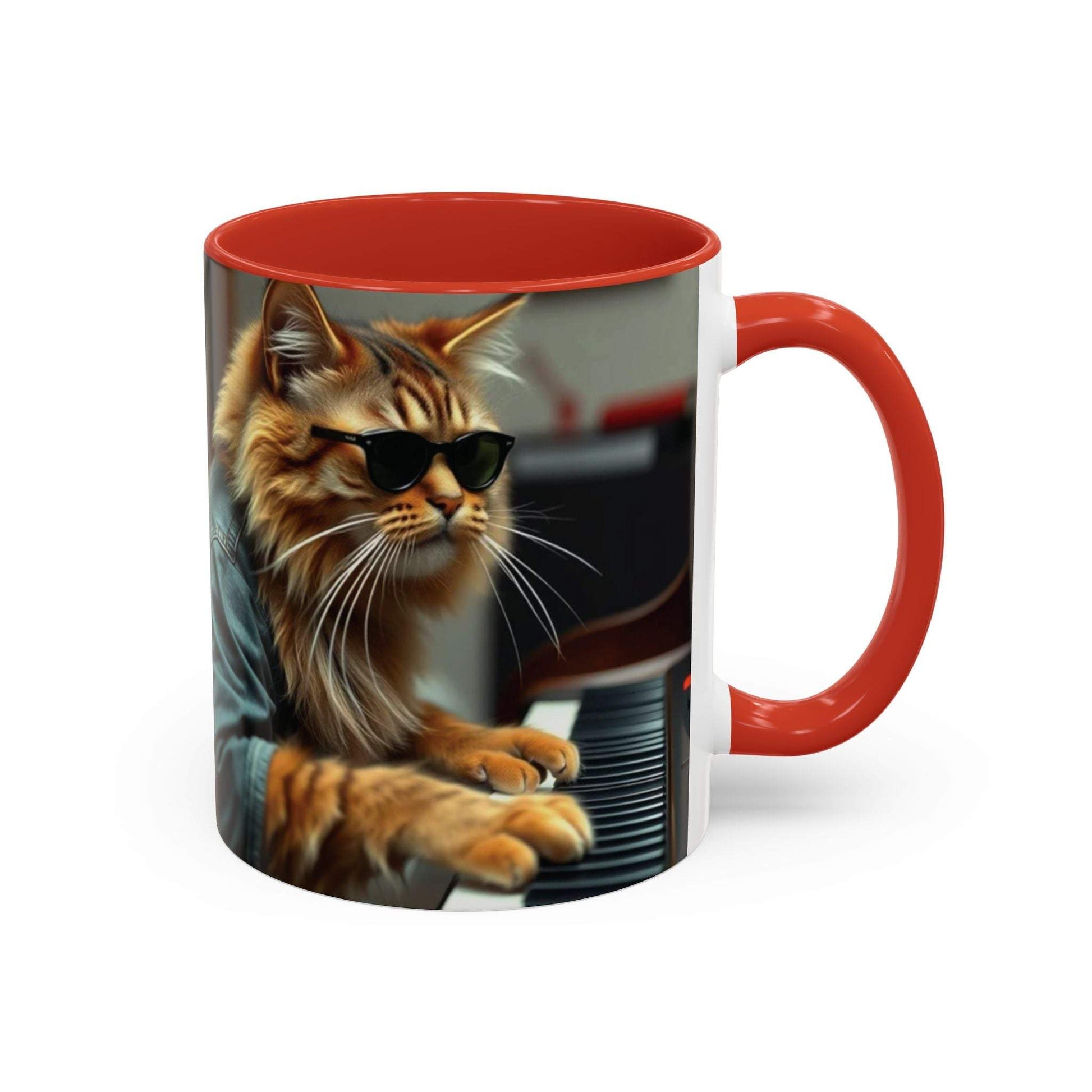 Cool Cat Musician Coffee Mug with cat playing piano design, perfect gift for cat lovers.