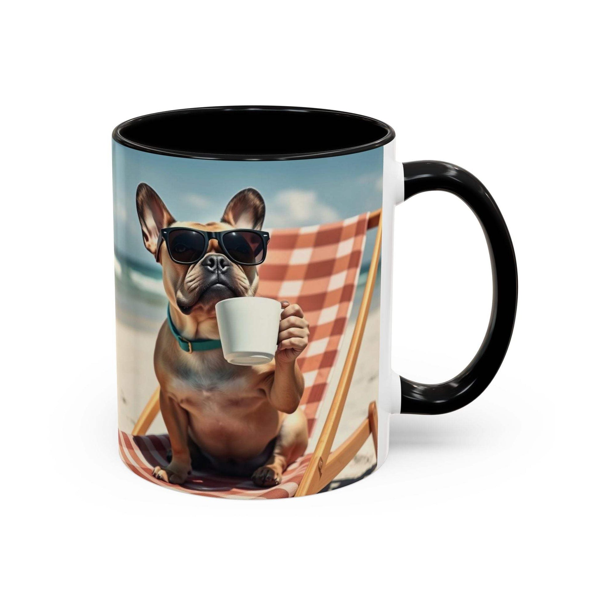 Beach Dog Accent Coffee Mug featuring a dog with sunglasses, perfect for pet lovers and summer sips.