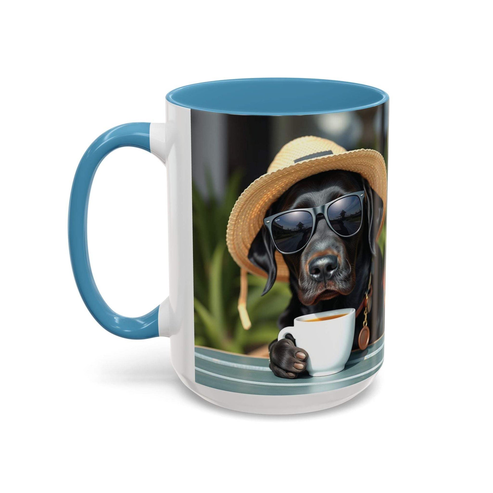 Coffee mug with a playful dog design, featuring a dog wearing sunglasses and a hat, perfect for dog lovers.