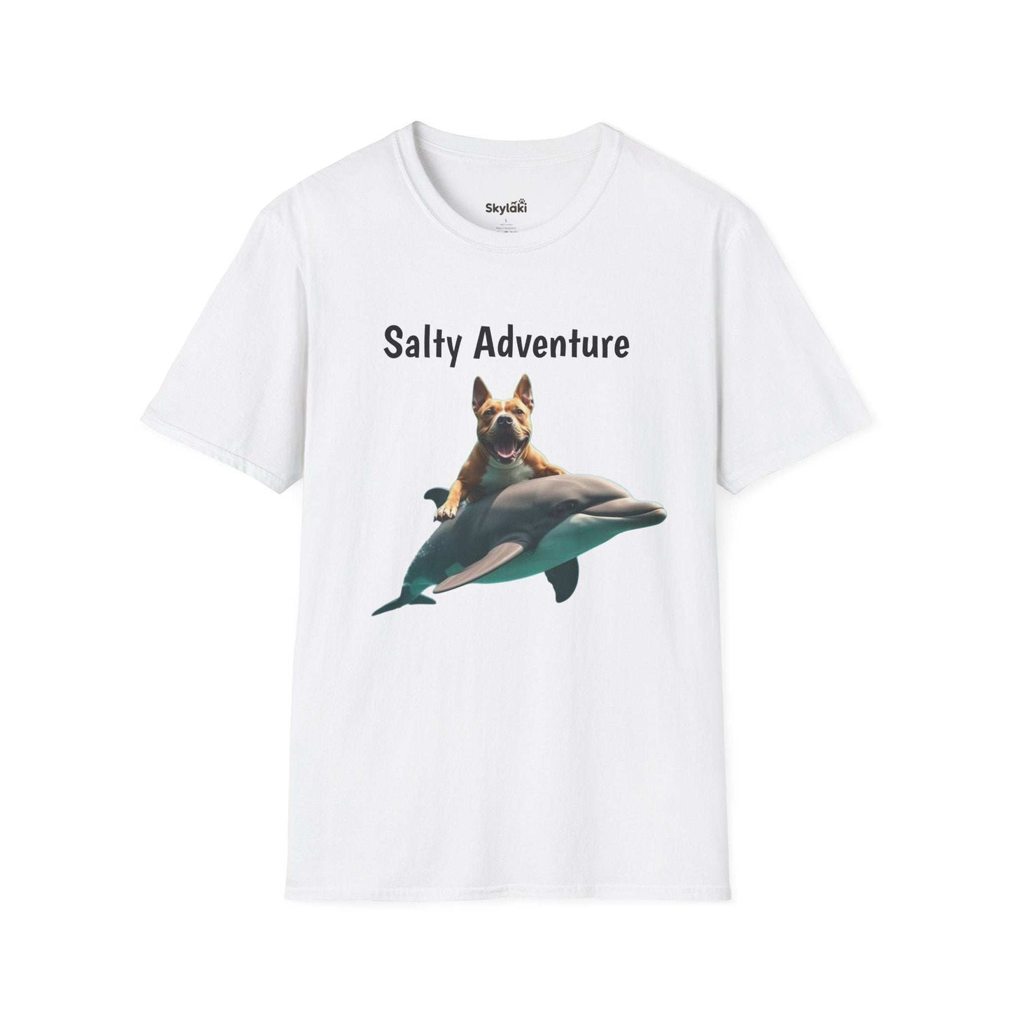Unisex softstyle Beachy Tee with "Salty Adventure" graphic, featuring a dog riding a dolphin, celebrating fun beach life.
