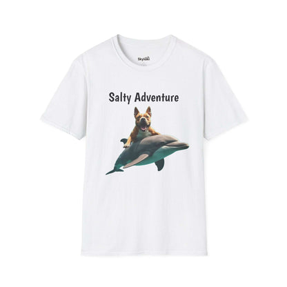 Unisex softstyle Beachy Tee with "Salty Adventure" graphic, featuring a dog riding a dolphin, celebrating fun beach life.