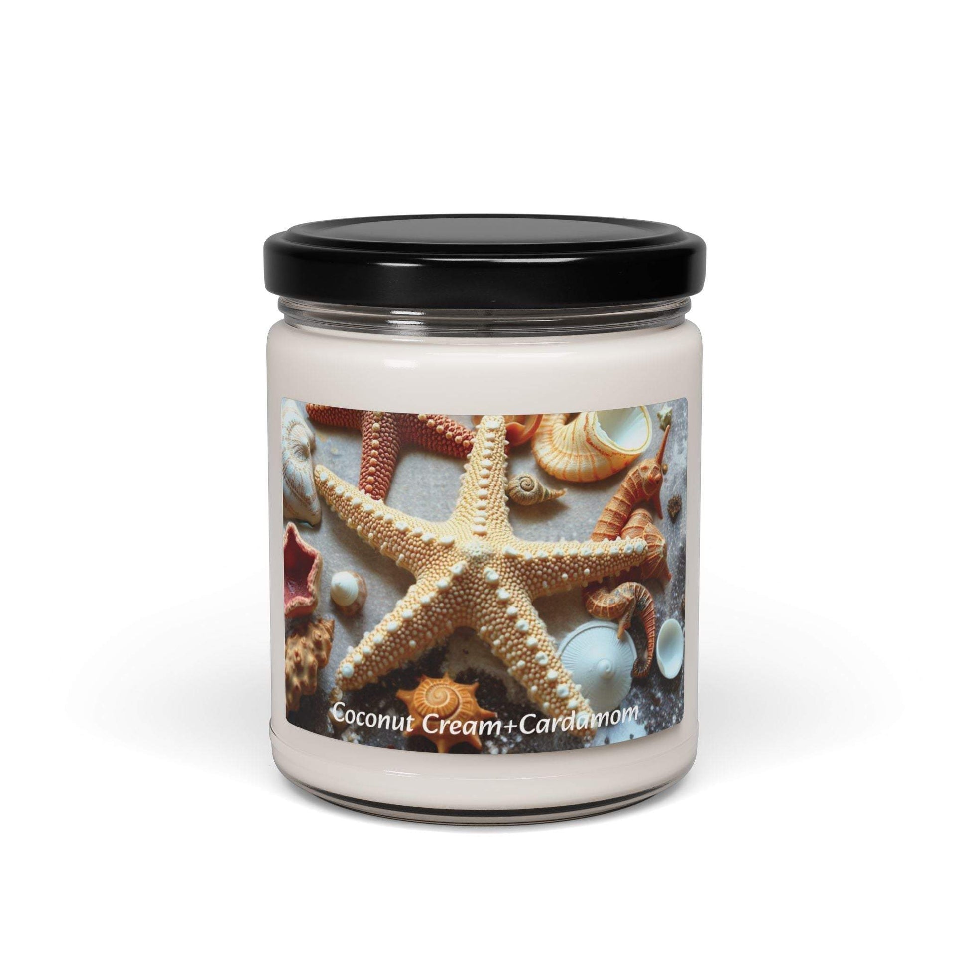 Scented Soy Candle in Coconut Cream and Cardamom in a reusable glass jar with coastal decor elements.