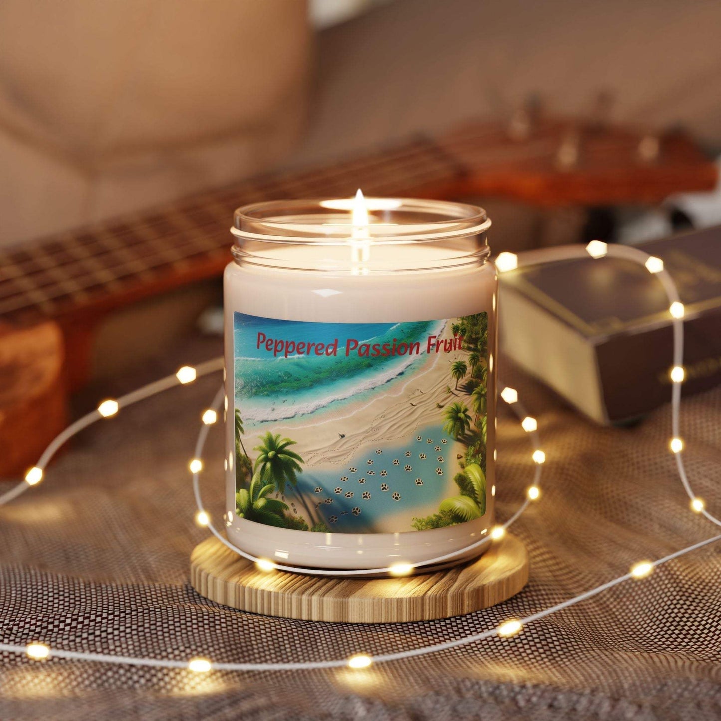 Tropical Paradise Scented Soy Candle - 9oz in a cozy setup with lights.