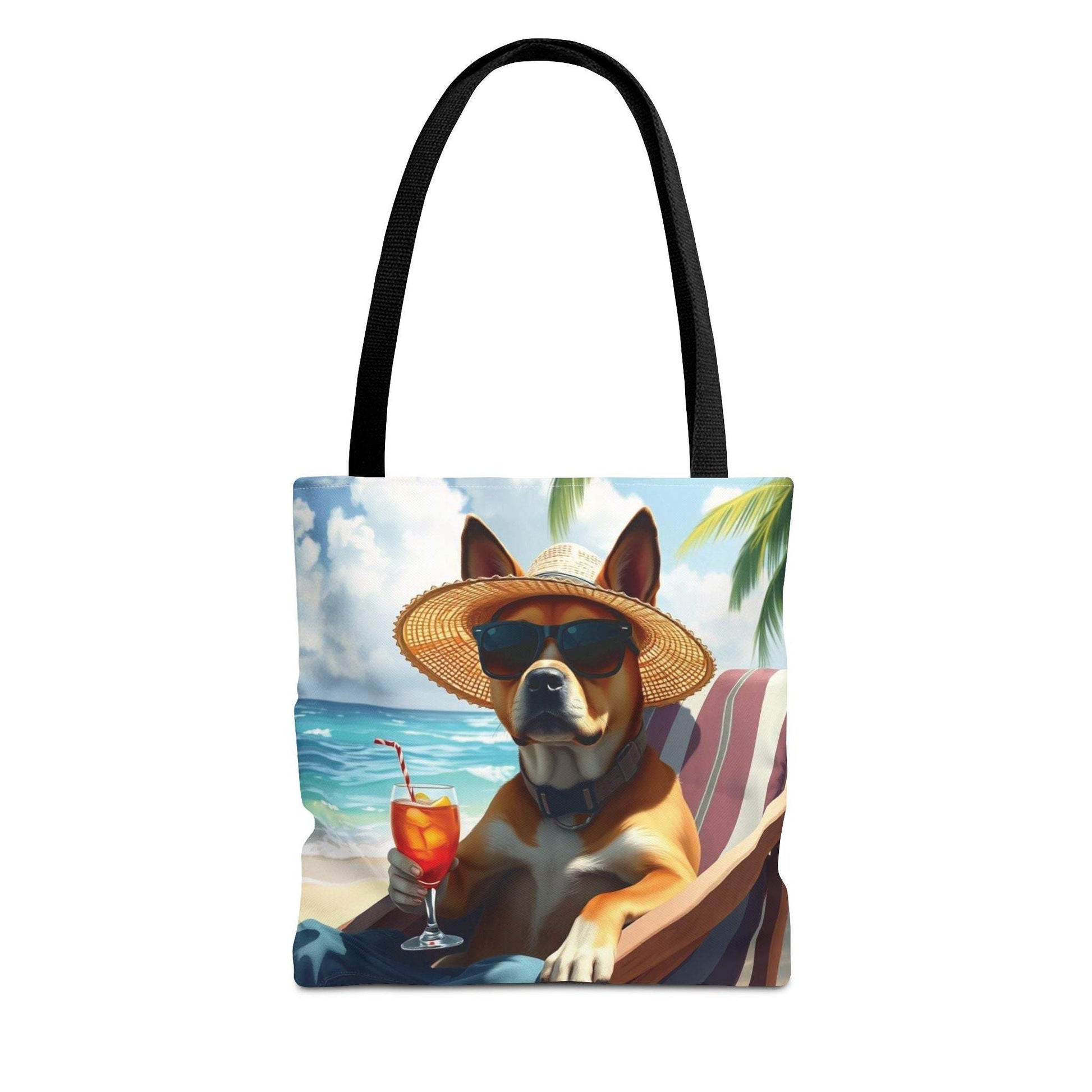 Dog Tote Bag with Relaxing Beach Style featuring a dog sipping a drink by the ocean, ideal for summer outings and dog lovers.