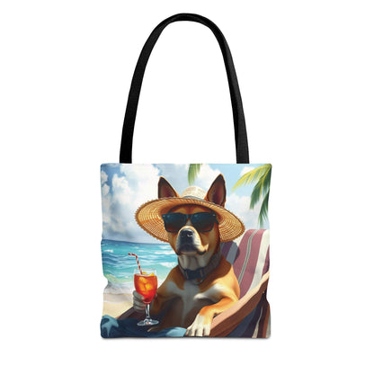 Dog Tote Bag with Relaxing Beach Style featuring a dog sipping a drink by the ocean, ideal for summer outings and dog lovers.