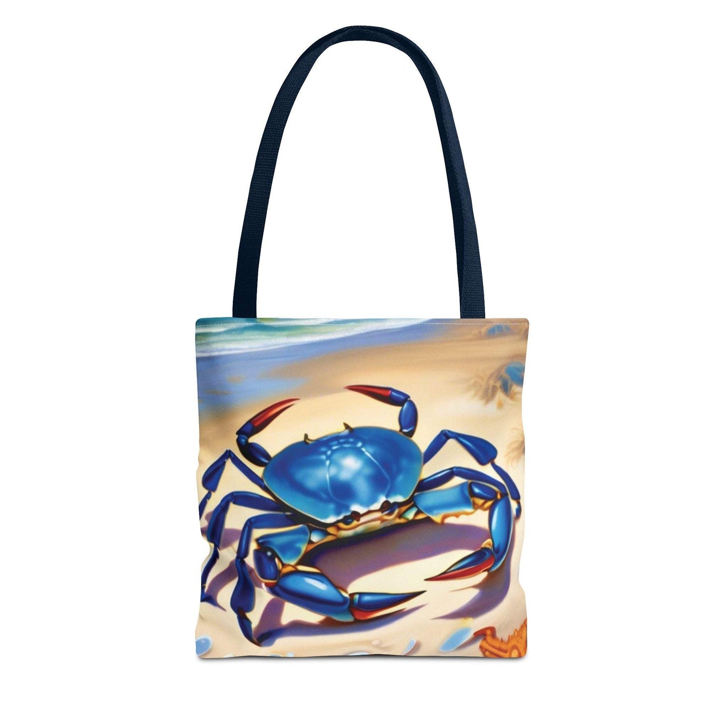 Ocean-inspired beach bag tote with vibrant blue crab and starfish design.