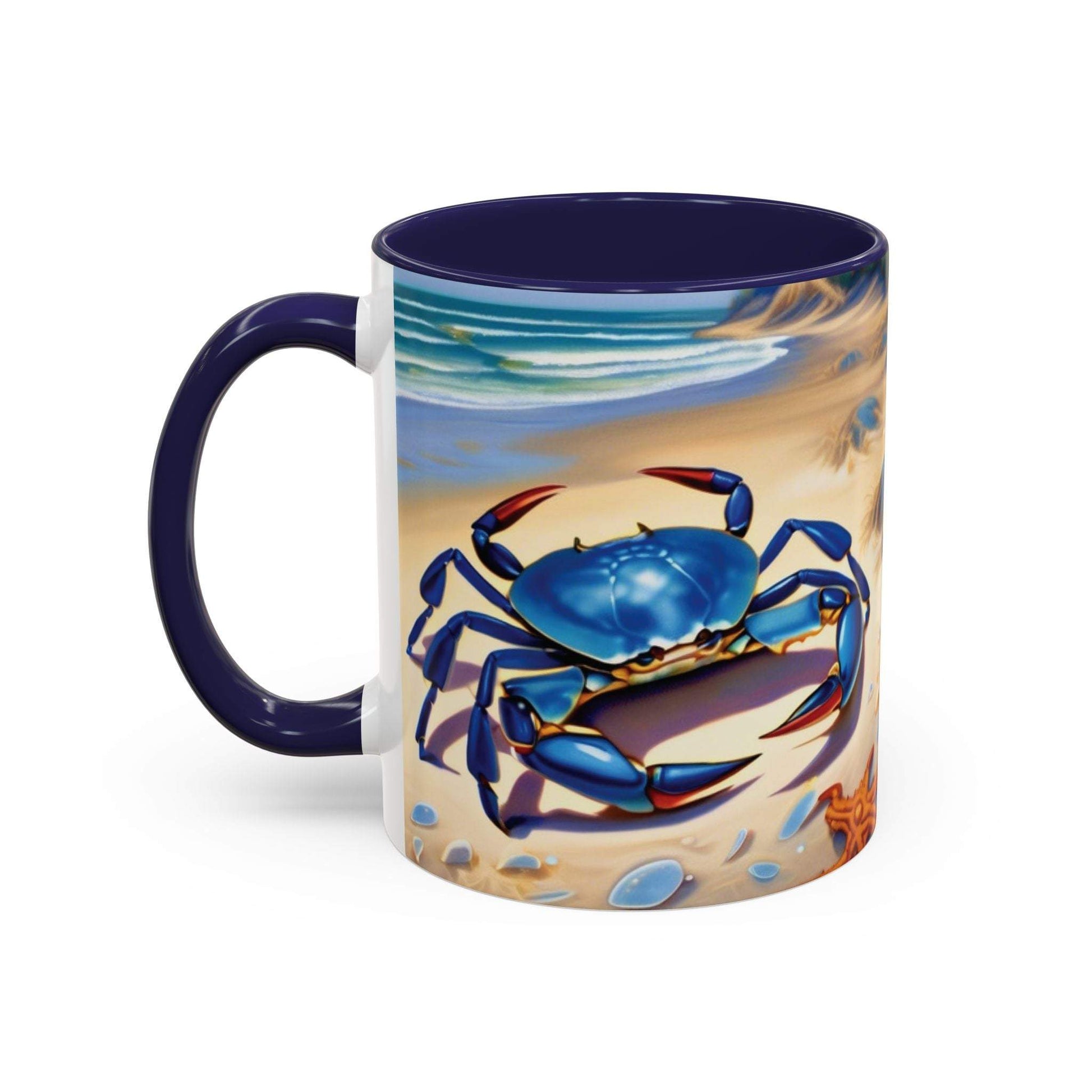 Coastal Crab Accent Coffee Mug with vibrant beach design.