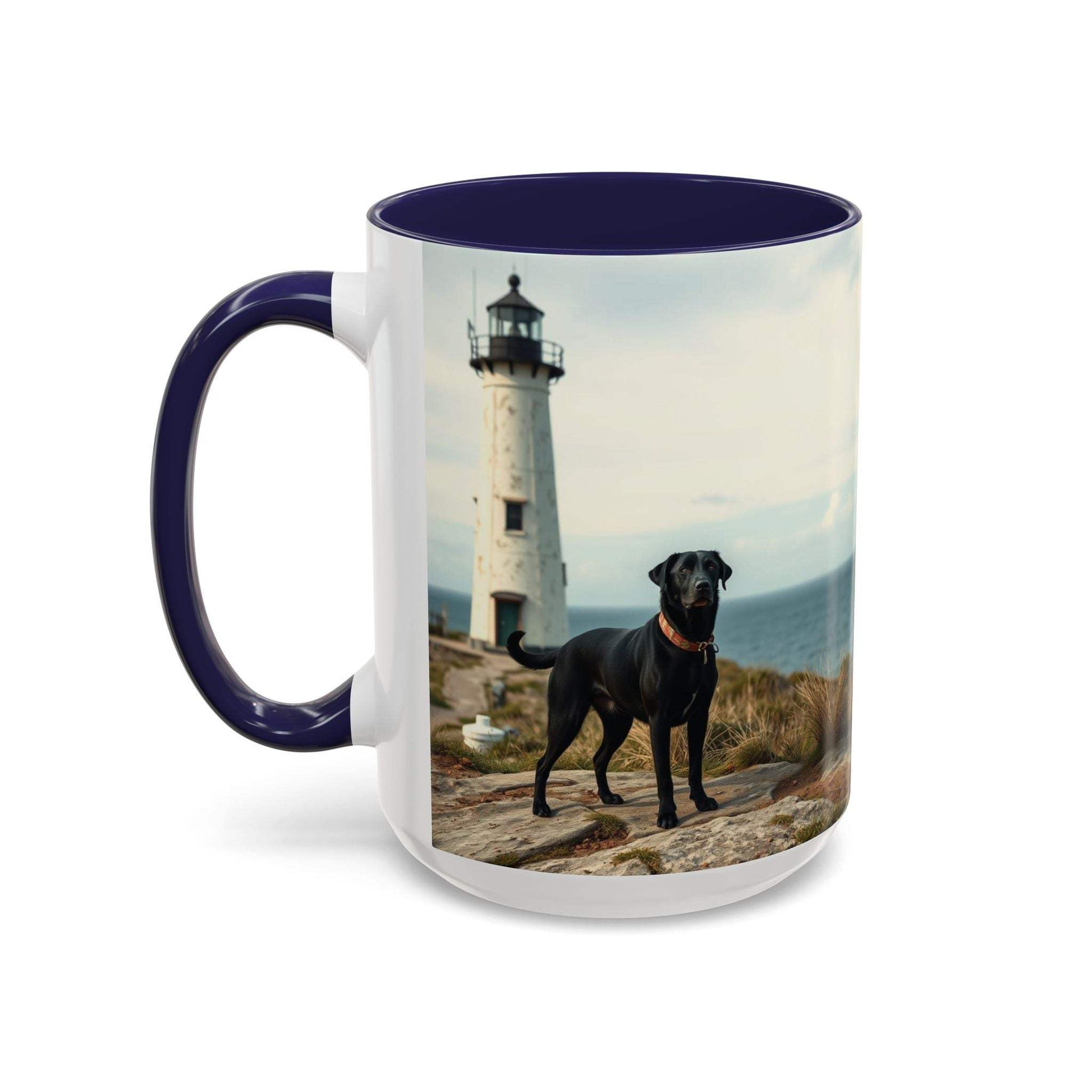 Ocean-themed ceramic coffee mug with lighthouse and dog design, vibrant blue interior and handle, Coastal Vibe Coffee Mug.