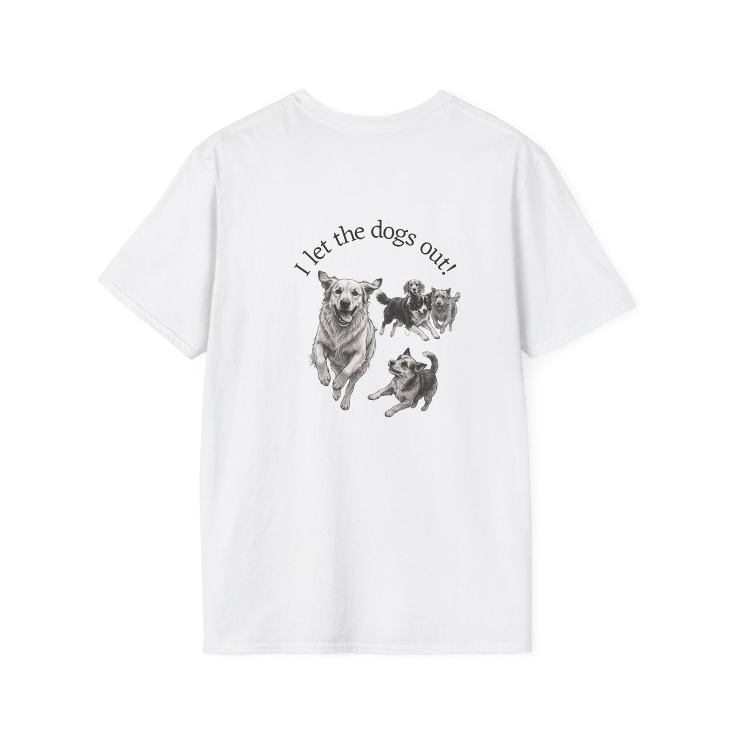 Soft white Skylaki Brand tee with small paw print and "Who Let the Dogs Out?" text over the heart