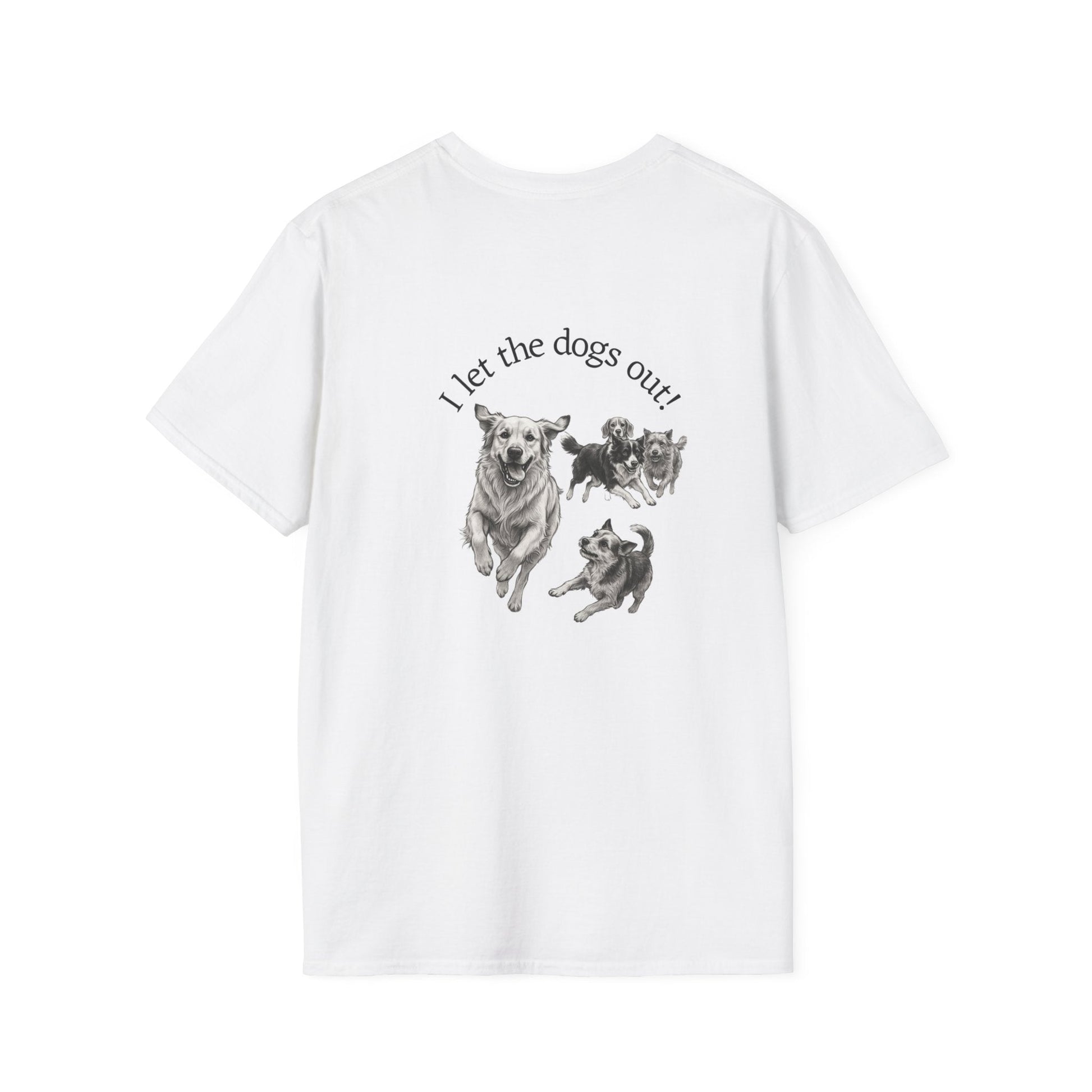 Soft white Skylaki Brand tee with small paw print and "Who Let the Dogs Out?" text over the heart