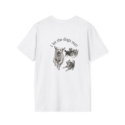 Soft white Skylaki Brand tee with small paw print and "Who Let the Dogs Out?" text over the heart